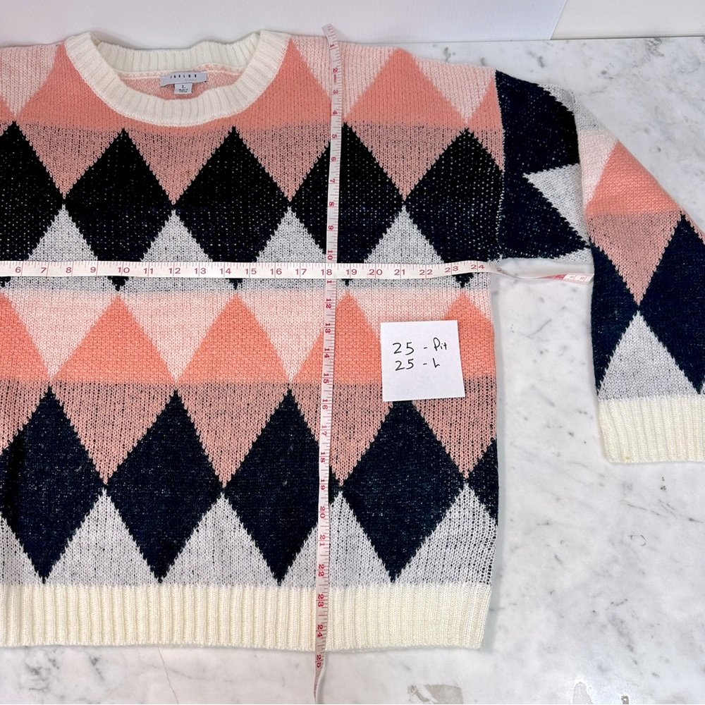 FAVLUX Sweater Argyle Diamond Blue peach cream Long Sleeve Crew Ribbed L… - Picture 5 of 11